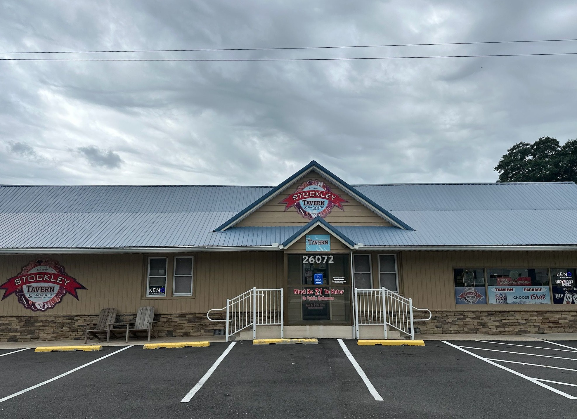 Stockley Tavern & Package Store at 26072 Dupont Blvd, seen from the parking lot on Route 113