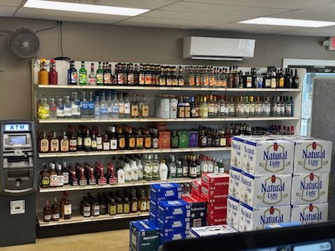 The liquor wall inside the Stockley Tavern package store